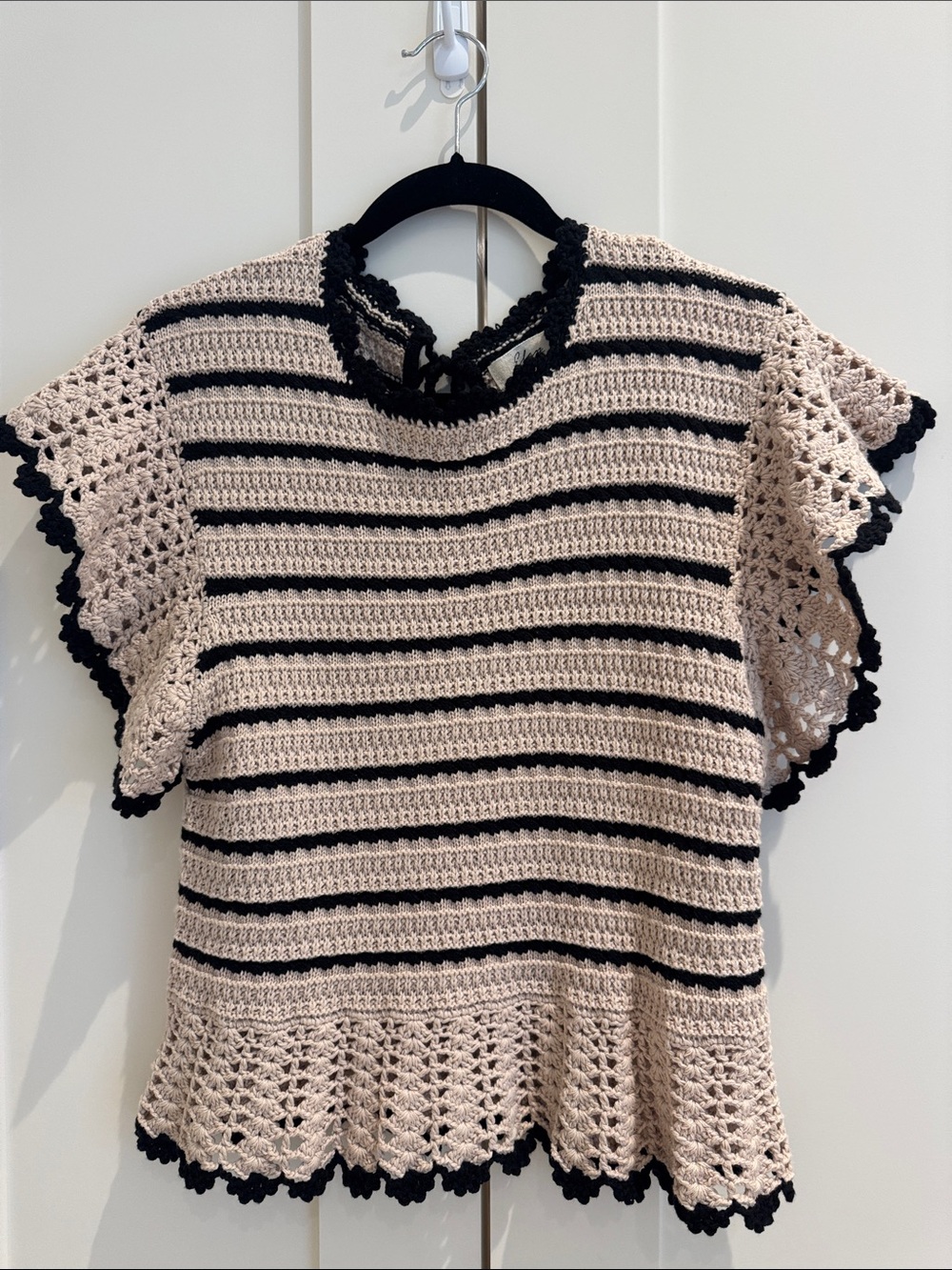 Elan Beige & Black Crochet Stripe Shell